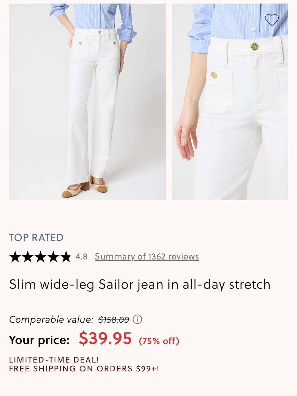 J. Crew White Slim Wide-Leg Sailor Jeans with Gold Buttons - Picture 2 of 4